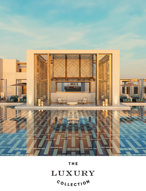 Animated GIF of chairs in an outdoor dining are with high ceilings, chairs overlooking a pool, and a suite overlooking the ocean.