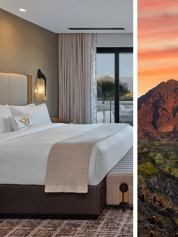 Left: Animated GIF of a bed and dining table in a suite along with a couple enjoying drinks by an outdoor fire. Right: a dramatic desert landscape at sunset with rugged mountains.