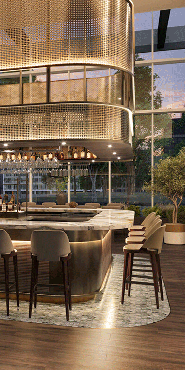 Animated GIF of a modern bar interior with elegant design and a lounge with a beige sectional sofa and round wooden tables.