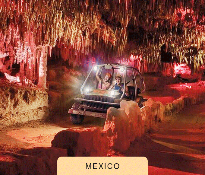 Animation showing people zip-lining and exploring caves in Mexico.